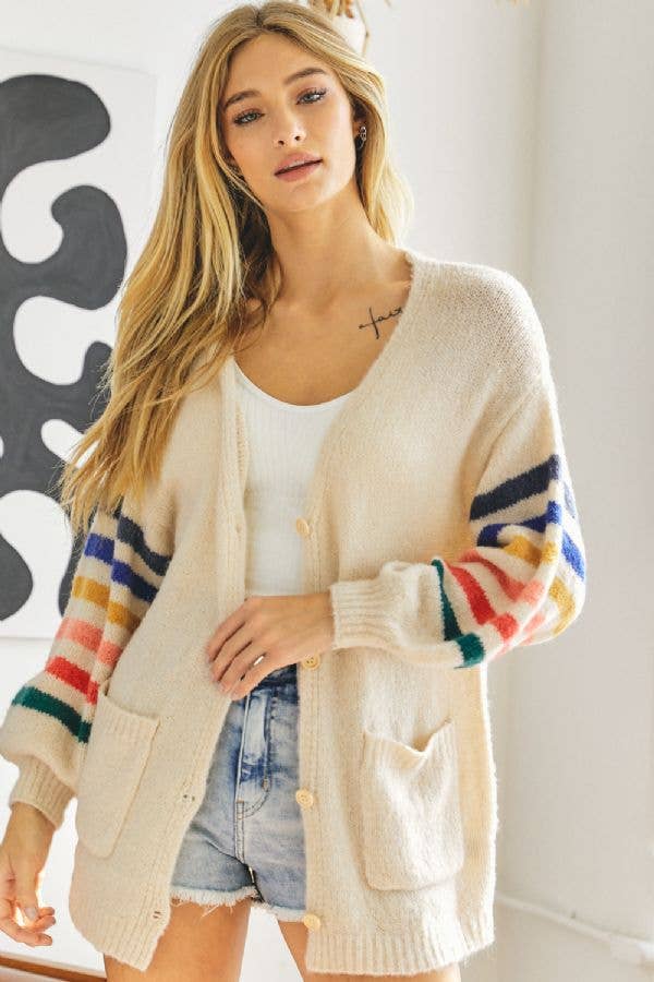 OPEN FRONT SLEEVE STRIPED ACCENT COZY CARDIGAN