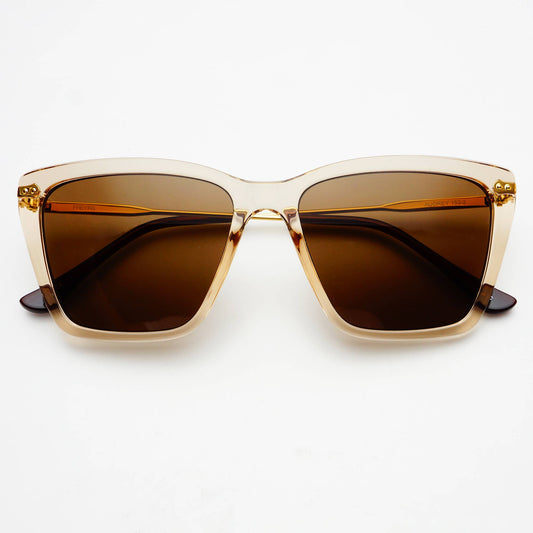 Aubrey Tan Cat Eye Sunglasses with a case, retail box, and 1-year warranty included.