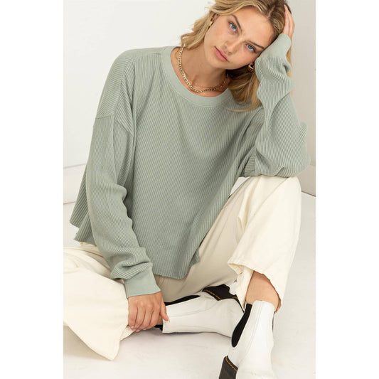 MY KINDA DAY WAFFLE LONG-SLEEVE DROP SHOULDER TOP