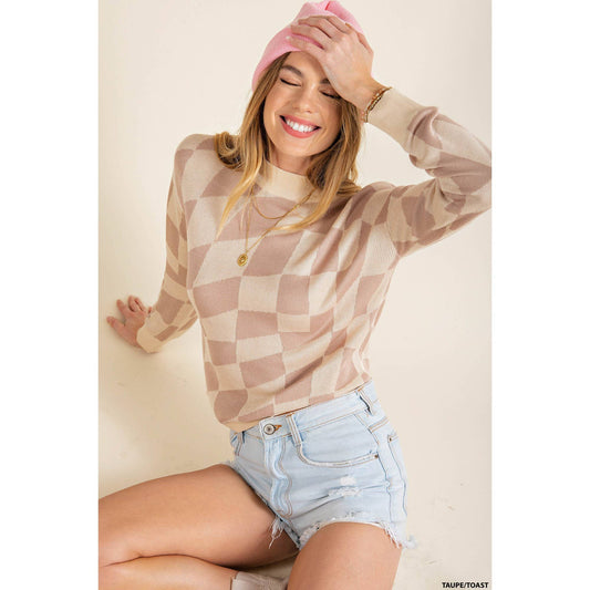 Checker print lightweight mock neck knit top featuring soft thread checker knitting and long sleeves.