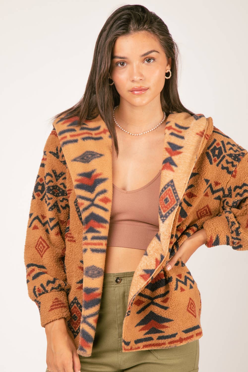 PLUS SIZE Aztec Print Hood Oversize Fleece Jacket: CAMEL